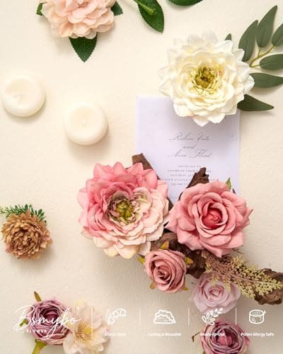 BSMYBO Artificial Flowers Combo Light Pink Silk Flowers Mix Fake Rose Dahlia with Stems for Wedding Bridal Bouquets Baby Shower Cake Floral Arrangement Table Centerpieces Home Decorations - Thumbnail 3