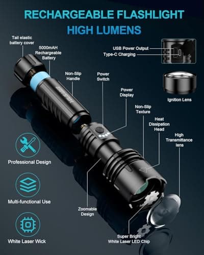 VOLISABER Flashlight 2000 High Lumens, Rechargeable Zoomable LED Tactical Flashlight with Ignition Lens, Emergency Flashlight for Camping Home Security, 5 Modes Waterproof Handheld Flashlights - Thumbnail 5