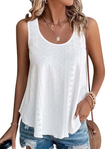 ATHMILE Womens Tank Tops Sleeveless Eyelet Embroidery Scoop Neck Loose Fit Casual Summer Flowy Beach White - Image 1