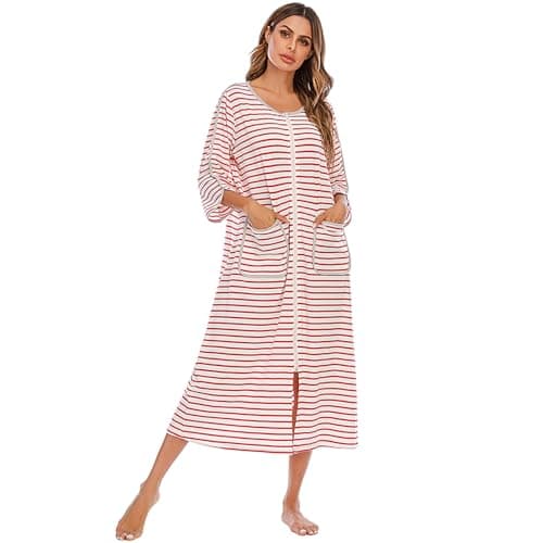 RONGTAI Robe for Women Zipper front Robes 3/4 Sleeve Housecoat with Pockets Full Length Nightgown Pink Stripe Loungewear M - Image 1
