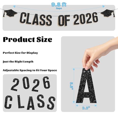 Oeyliz 2026 Graduation Banners Class of 2026 Graduation Banners Black Glitter Class of 2026 with Graduation Cap Banner Garland for Home School Decor Congratulation Graduations Party Supplies - Thumbnail 5