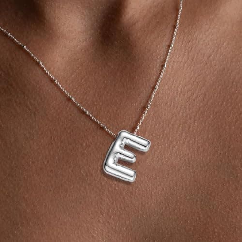 BOLAGTIER Chuncky Bubble Letter Necklace Trendy Jewelry Gift (E, Silver) - Thumbnail 2