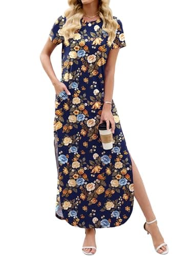 Heymoments Womens Summer Maxi Dress Floral Print Medium Short Sleeve Casual Loose Fitted Long T Shirt Ladies Flowy Dresses Split Cute Vacation Party Beach Travel Elegant Sundress with Pockets - Image 1