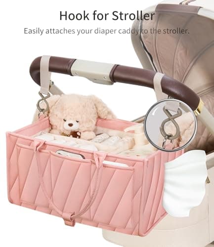 VKSAO Pink Diaper Caddy Organizer – Portable Storage Basket with Shoulder Strap & Stroller Hooks, Splashproof Quilted Nursery & Car Tote for Baby Girl Shower Gift, Baby Registry, Blush Pink - Thumbnail 3