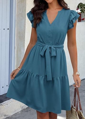 KIRUNDO Summer Dresses for Women 2026 Spring Flutter Sleeve V Neck Ruffle Flowy Tiered Knee Length Beach Vacation Sundress(Lake Blue, X-Large) - Thumbnail 4