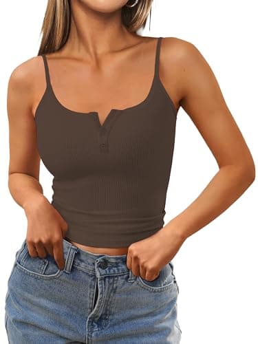 GKBK Women's Spaghetti Strap Tank Top Scoop Neck Ribbed Knit Henley Tank Tops Slim Fit Sleeveless Summer Cami Shirts Brown XL - Image 1