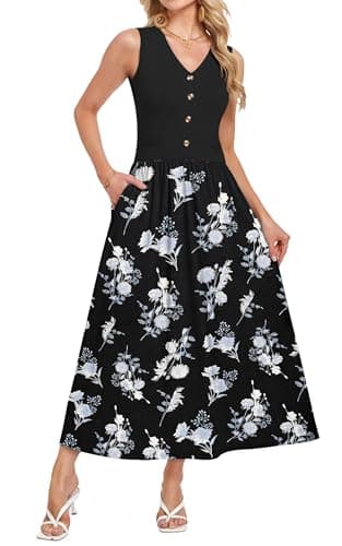 MOLERANI Summer Dress Womens 2026 Casual Sleeveless V-Neck Elegant Flowy Floral Maxi Long Sundress with Pockets,Color Block,Party,Casual(Floral Blue WT,M) - Image 1