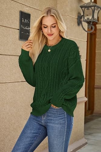 QIANSIQIANBO Women's Cable Knit Sweaters Oversized Crewneck Sweater Long Sleeve Cozy Pullover Top Business Casual Fall Clothes (L) Green - Thumbnail 5