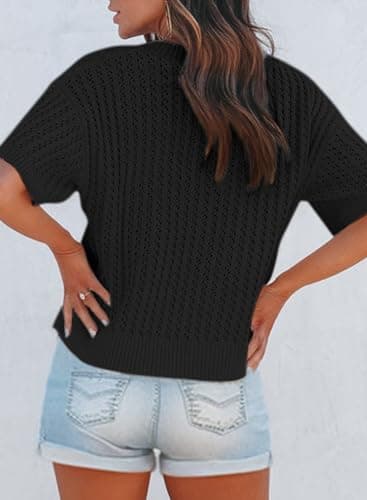 Dokotoo Women's 2025 Stylish Summer Short Sleeve Shirts for Women Oversized V Neck Solid Hollow Out Tunic Tops and Blouses Basic Loose Fit Pullover Sweaters Casual Holiday T-Shirts Tops Black Large - Thumbnail 4