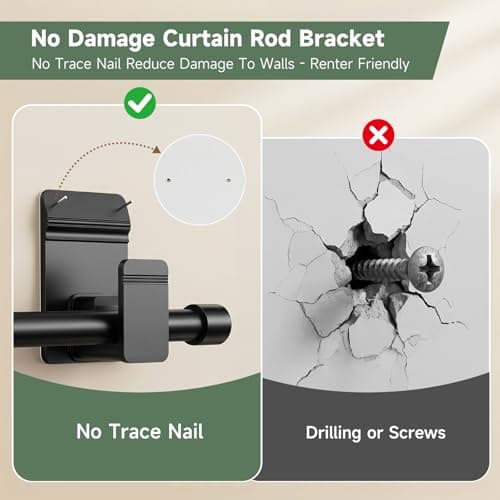 EKOTTOK No Drill Curtain Rod Brackets for 5/8" Rod, Heavy Duty 30LB+, Adhesive & Invisible Nail Curtain Rod Holders, Damage-Free Wall Mount Hooks for Bathroom, Kitchen, Bedroom (8PC, Black) - Thumbnail 4
