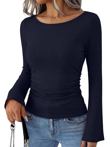 ANRABESS Women Bell Long Sleeve Shirts Boat Neck Top Navy Blue X-Large - Thumbnail 2