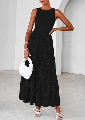 Lazysmile Womens Summer Dresses Crewneck Sleeveless A-Line Hollow Out Eyelet Tiered Tank Maxi Dress Sundress with Pockets Black - Thumbnail 4