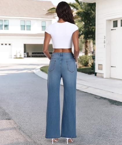 MARIASHA Jeans for Women New Flared Leg Stretch High Wasited Printed Pocket Pants Deep Blue S - Thumbnail 4