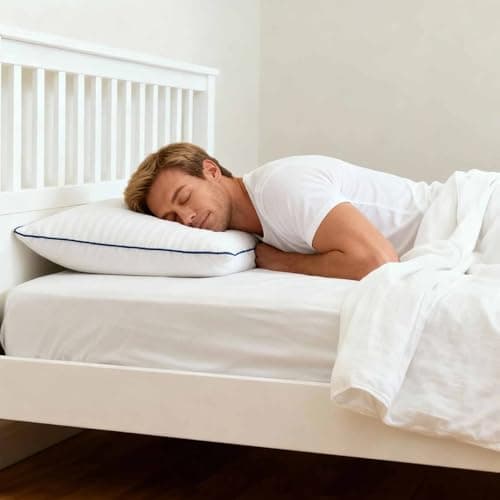 iFaon Ultra Thin Flat Soft Bed Pillows Standard Size Set of 2 Pack for Sleeping, Hypoallergenic Squishy Pillow for Stomach Back Sleeper, Machine Washable White Striped 20x26 inches - Thumbnail 4