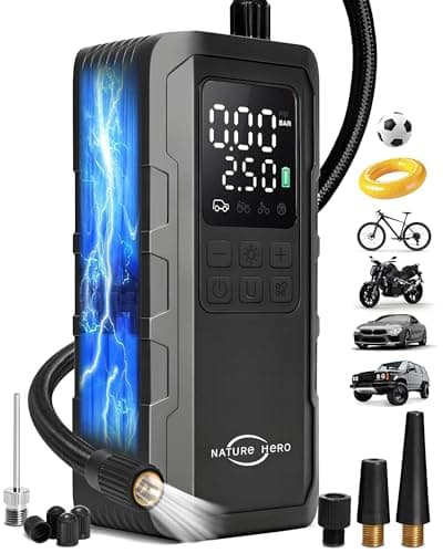 Nature Hero Tire Inflator Portable Air Compressor - 7500mAh Air Pump for Car Tires, 150PSI Cordless Tire Pump with Pressure Gauge & LED Lights - 3X Faster for Car, Motorcycle, Balls and Bicycle, Black
