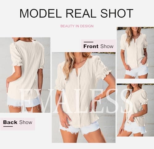 EVALESS Spring Clothes for Women Trendy 2025 Business Casual Tops White Shirts Dressy Blouses for Work Professional Crewneck Teacher Outfits Cute Short Puff Sleeve Tops Womens Western Shirts, Large - Thumbnail 5