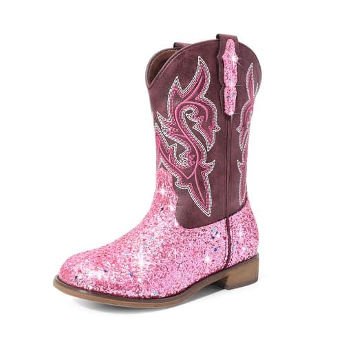 DREAM PAIRS Girls Cowgirl Boots Glitter Toddler Cowboy Boots Child Mid Calf Riding Shoes Party Birthday Dress Up for Toddler/Little/Big Kid,Size 9 Toddler,Pink,SKMB26002K
