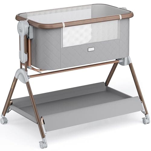Winchild 3 in 1 Baby Bassinet Bedside Sleeper with Gentle Rocking Mode,Bedside Bassinet with Lockable Wheels & Mattress,6 Adjustable Heights,Large Storage,Portable Bedside Sleeper for Newborn,Grey