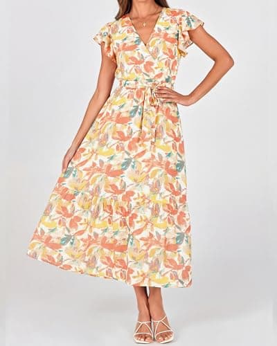BTFBM Women Summer Bohemian Floral Casual Wrap V Neck Ruffle Cap Sleeveless Belt A-Line Pleated Hem Swing Midi Sun Dress(White Big Flower,Large) - Thumbnail 2