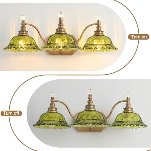 PUAMUBUA Vintage Bathroom Vanity Light Fixtures, 3-Light Brass Light Fixtures Over Mirror with Green Crystal Glass Flower Shade, Mid Century Farmhouse Wall Mount Lighting for Living Room, Kitchen - Thumbnail 5