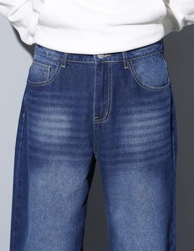 QGRSWBC Baggy Jeans Men Wide Leg Hip Hop Jean Casual Y2K Denim Pants Loose Fit Skater Long Trousers Dark Blue - Thumbnail 6