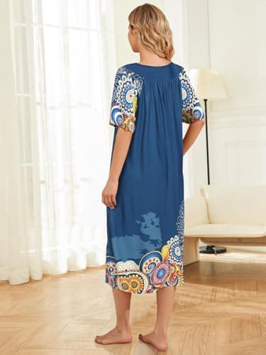 udforsk Old Lady Nightgowns House Dresses for Women With Pockets Summer Mumu Duster Housecoat Muumuu Dresses Patio Dress Cotton Night Gowns For Adult Women Blue Mandala L - Thumbnail 3