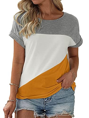 Womens Color Block Short Sleeve Tops Casual Summer T-Shirt