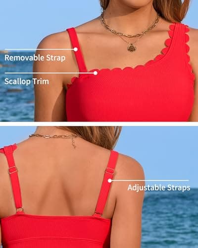 ANFILIA 2 Piece Tankini Swimsuits for Women Tummy Control Bathing Suit Scalloped Tankini Top Swimwear with Bottom Red - Thumbnail 4