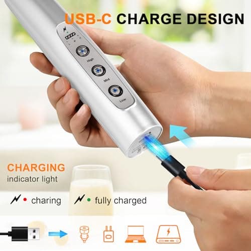 YUSWKO Silver Rechargeable Milk Frother for Coffee with Stand, Handheld Drink Mixer with 3 Heads 3 Speeds Electric Stirrers for Latte, Cappuccino, Hot Chocolate, Egg - Thumbnail 2