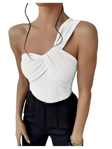 GORGLITTER Women's Twist Front One Shoulder Bodysuit Sleeveless Backless Asymmetrical Neck Tank Top Jumpsuits White Medium