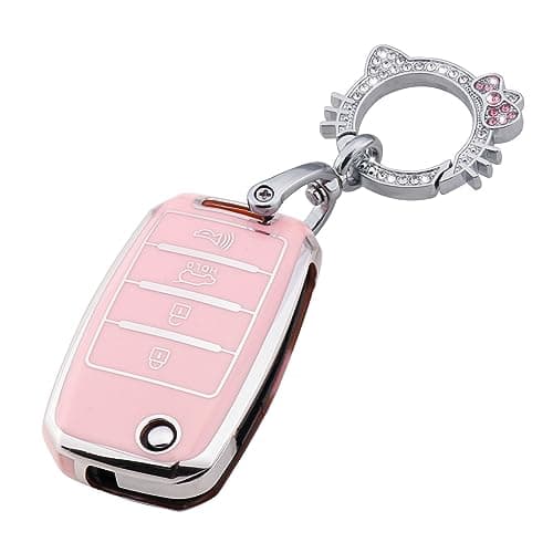Pangpai Pink Key Fob Cover for Kia, Soft TPU Key Case Protection with Bling Keychain Fit for Kia Sedona Rio Optima Soul Sportage Sorento Carens Flip Key - Image 1
