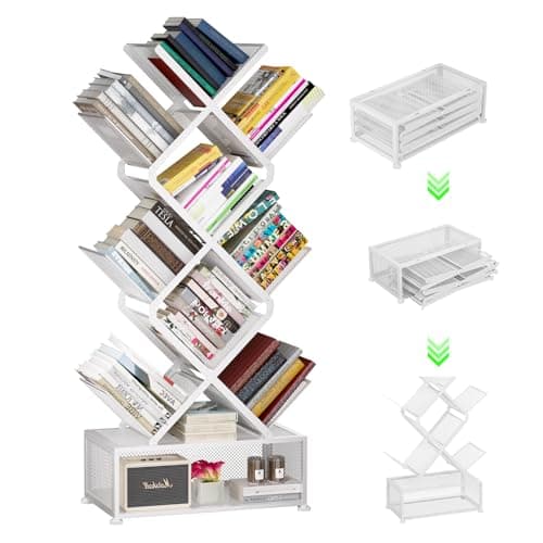 Gintan 9-Tier Corner Bookshelf with Storage,Bedroom Shelves Folding Bookshelves,No Installation Required Shelf Tree Bookcase for Living Room,Study,Home Office,Bed Room (White)
