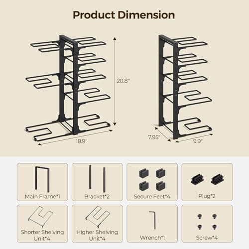 LAMU Pots and Pans Organizer under Cabinet 20.8" Height, 8 Tier Heavy Duty Pan Organizers inside Cabinet with Adjustable Pot Rack, Holds up to 120 LB for Stockpots Dutch Ovens and Cast Iron Cookware - Thumbnail 4