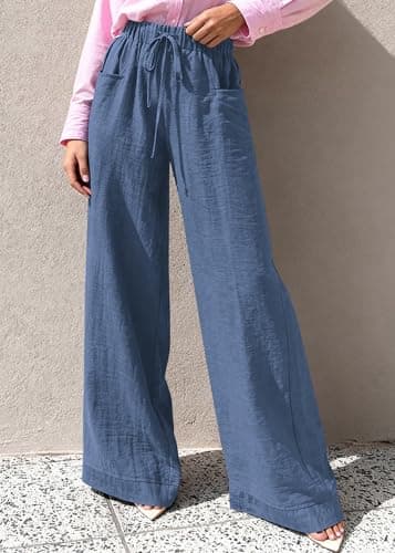 KIRUNDO Wide Leg Palazzo Pants for Women Summer High Waist Flowy Casual Trousers Lounge Pants Beach Vacation Travel Outfits (Dusty Blue, XX-Large) - Thumbnail 5