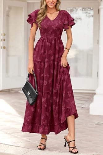 dowerme Maxi Dresses for Women 2026 Summer Ruffle Sleeve V Neck Smocked A Line Floral Boho Tiered Sundress Spring Outfit(Burgundy,Medium) - Thumbnail 4