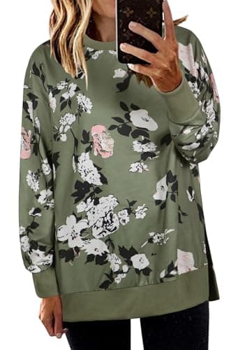 ECOWISH Women Side Split Sweatshirt: Fall Crewneck Long Sleeve Oversized Camo Shirts Casual Camouflage Print Pullover Tops 017 Green Flower S - Image 1