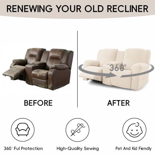 Cushonix Recliner Loveseat Covers with Console,6-Piece Stretch Geometric Strokes Jacquard Reclining Chair Slipcovers,Seamless Furniture Protector,Soft Breathable Couch Cover for Pets Kids,Beige - Thumbnail 6