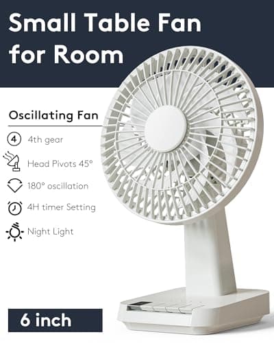 CARONSORT Small Desk Fan, Table Oscillating Fans for Bedroom, Rechargeable Battery Operated 6-inch Mini Fan, 4 Speeds, Quiet Fan with Night Light for Home/Dorm Room/Bedroom/Office - Thumbnail 2