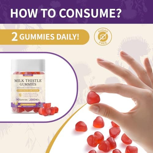 Milk Thistle Gummies with 2000MG Extract, Liver Health Support Gummies, Silymarin Milk Thistle Supplement with Artichoke, Dandelion, Turmeric Curcumin, No Sugar, for Adults, Vegan, 90 Count - Thumbnail 6