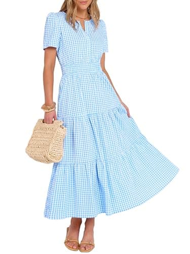 Caracilia Women's Summer Short Sleeve V-Neck Maxi Dress, Gingham & Striped Fabric, Casual A-Line Dress for Beach & Vacation Light Blue Gingham X-Large - Image 1