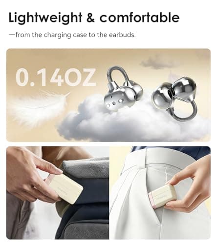 King Lucky Open-Ear Clip-On Earbuds for Running, Bluetooth 6.0 Wireless Headphones with Memory Spring, Secure Fit for Small Ears & Glasses Wearers, 45H Playtime, ENC Mic, IPX5 Waterproof (White) - Thumbnail 5