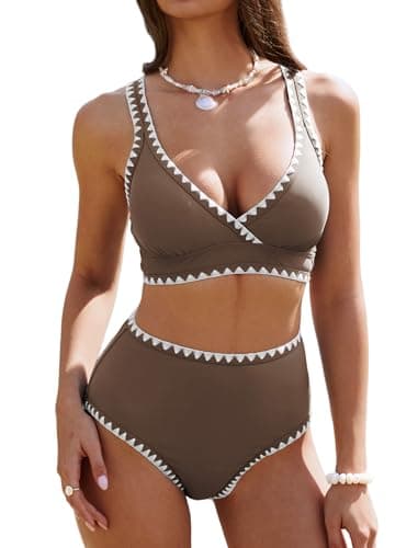 ZAFUL Womens High Waisted Bikini Sets Whip Stitch Wide Strap 2 Piece Swimsuits Crisscross Tie Back Bathing Suit 2026 Brown Medium - Image 1