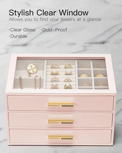 VLANDO Jewelry Box for Women, Glass Lid Jewelry Organizer with 3 Drawers for Necklaces Rings Earrings Bracelets Mother Day Gift for Mom - Dark Pink - Thumbnail 6