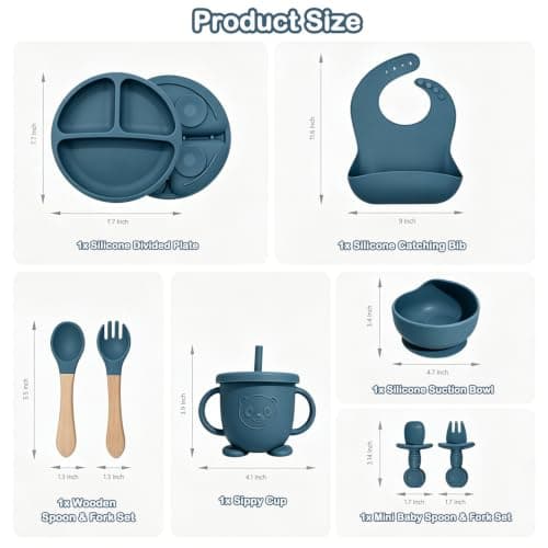 Baby Led Weaning Supplies, 8 Piece BPA-Free Silicone Feeding Set, Silicone Suction Bowl, Forks & Spoons, Bib & Cup, Develops Self Feeding Skills, Dishwasher Safe, for 6+ Months (Blue) - Thumbnail 2
