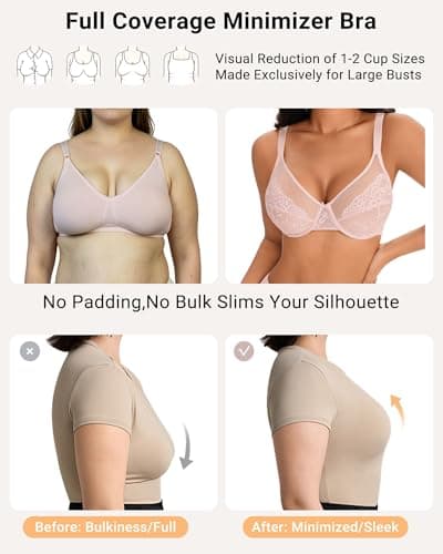 As Fairy Plus Size Minimizer Bras for Women Underwire Full Coverage Unlined Floral Lace Bra for Heavy Breast(Dusty Peach 36DDD) - Thumbnail 5