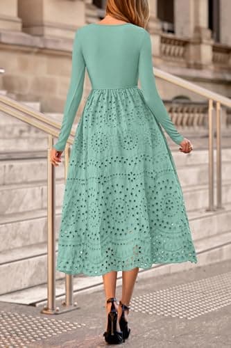 dowerme Women Spring Dresses 2026 Casual Long Sleeve Crewneck A-Line Boho Eyelet Cotton Maxi Wedding Guest Dress Pockets(Light Green,XX-Large) - Thumbnail 5
