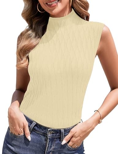 Totatuit Sleeveless Turtleneck Tops for Women Mock Turtle Neck Sweater Vest Casual Knit Pullover Tank Top 2025 Trendy Clothes Apricot XL - Image 1