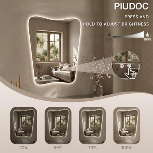 PIUDOC 22x30 Inch Backlit Bathroom Mirror, Frameless LED Vanity Mirror with Lights, Dimmable Anti-Fog,Vertical Wall Mount for Bathroom Makeup, 3 Color Changing, Shatterproof, Touch Sensor - Thumbnail 5