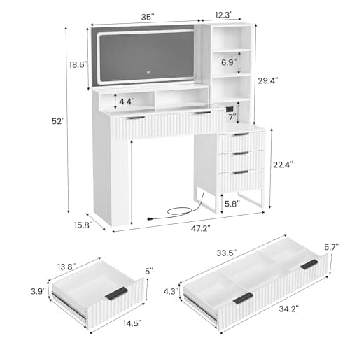 HAIOOU Fluted Vanity Desk with Mirror and Lights,48" Large Makeup Vanity Desk with Charging Station,Dressing Table with 4 Drawers & 3 Open Storage Shelves, Glass Top for Bedroom,Peal White - Thumbnail 2
