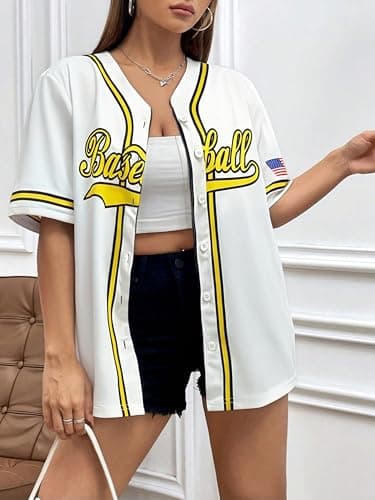 Baseball Shirt Jersey Women Baseball Player T-Shirt Game Day Fan Graphic Tees Button up Short Sleeve White - Thumbnail 3